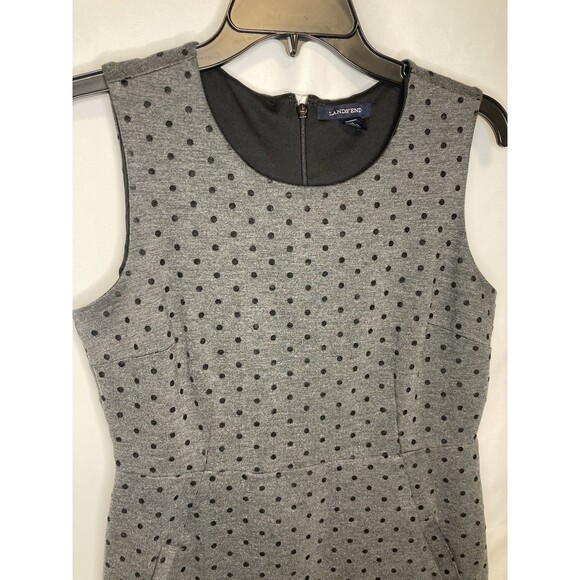 Lands End Midi Dress 8 Gray Black Polka Dot Sheath Bodycon Sleeveless Career - Picture 2 of 8